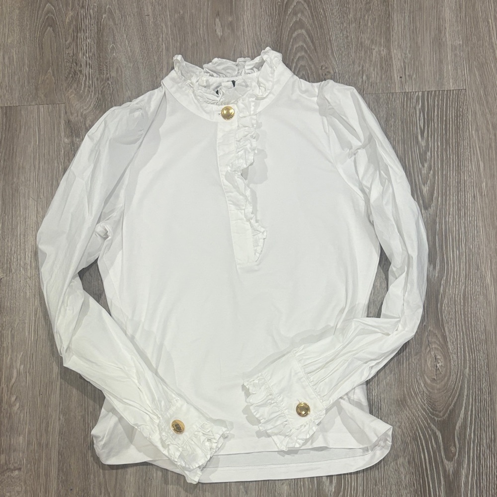 ME+EM White Ruffled Blouse with Gold Buttons